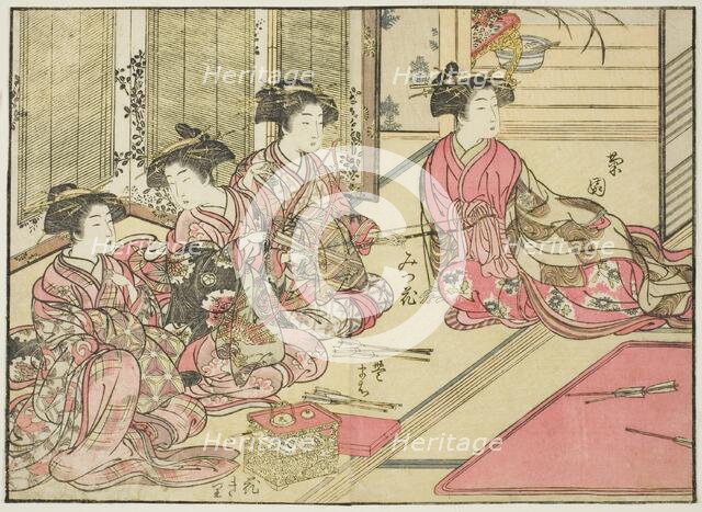 Courtesans of Kiriya, from the book "Mirror of Beautiful Women of the Pleasure Quarters..., 1776. Creator: Shunsho.