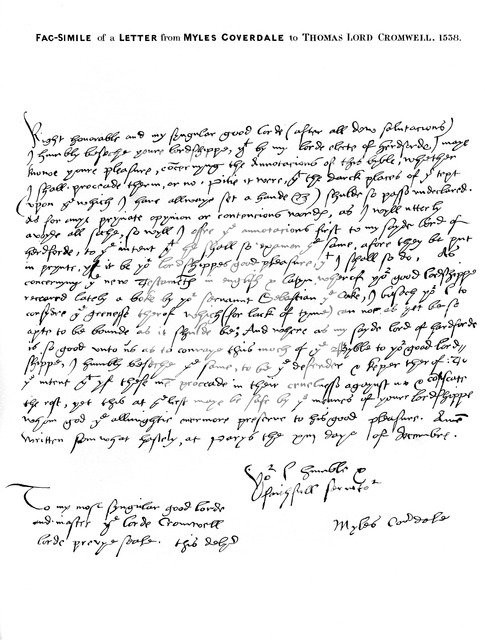 A letter from Miles Coverdale, Bishop of Exeter, to Thomas Lord Cromwell, 1538, (1840).Artist: Miles Coverdale