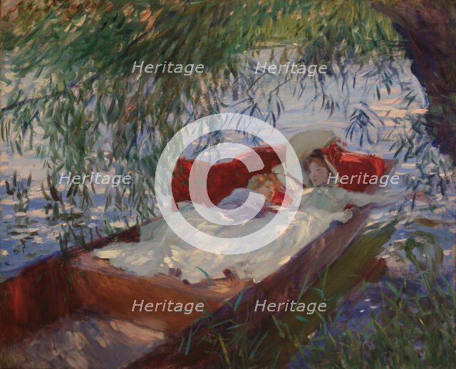 Lady and Child Asleep in a Punt under the Willows, 1887. Creator: Sargent, John Singer (1856-1925).