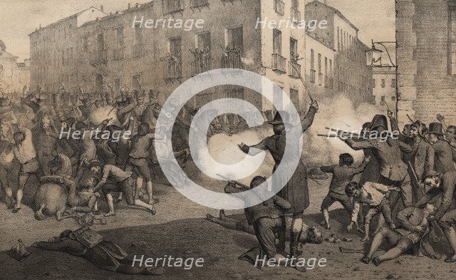 Scene of the popular uprising in Madrid against the French army of Napoleon on May 2, 1808, engra…