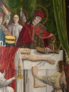 A verger's dream: Saints Cosmas and Damian performing a miraculous cure by transplant..., 1495. Creator: Master of Balbases.