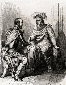 The Emperor of Mexico Moctezuma offers to Hernán Cortés his empire for the king of Spain, engravi…