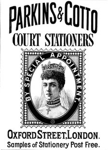 Advertisement for Parkins & Gotto, Court Stationers, 1890. Creator: Unknown.