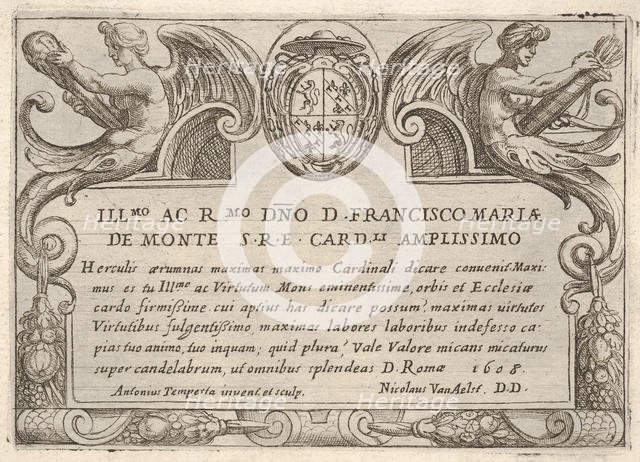 Title plate for the series 'The Labors of Hercules' with the arms of Cardinal Francesco Ma..., 1608. Creator: Antonio Tempesta.
