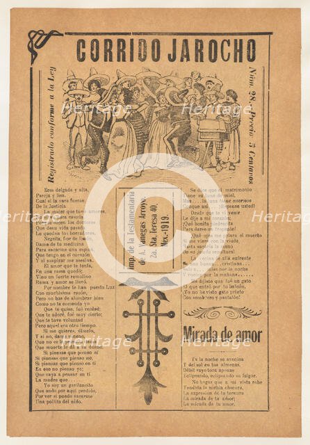 Broadsheet featuring two corrido narrative love ballads, multiple couples danc..., 1919 (published). Creator: José Guadalupe Posada.
