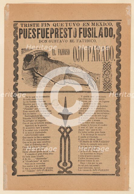 Broadsheet relating to the execution of a prophet named Don Gustavo, man lying face do..., ca. 1913. Creator: José Guadalupe Posada.