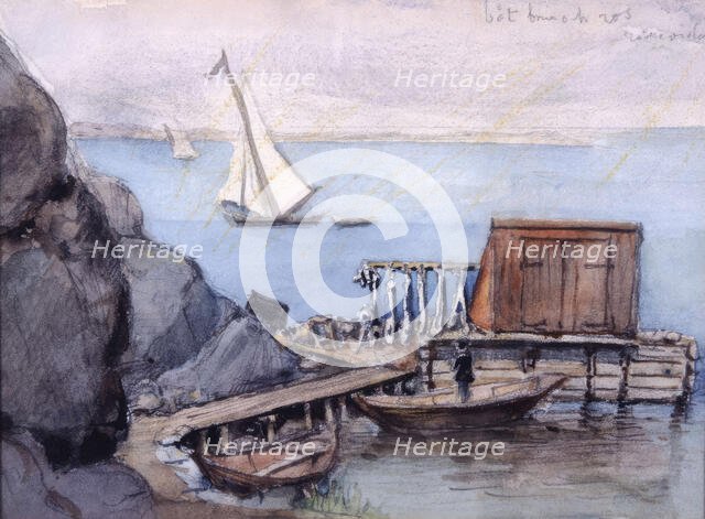 Dock with shed, boats. (c1860s). Creator: Fritz von Dardel.