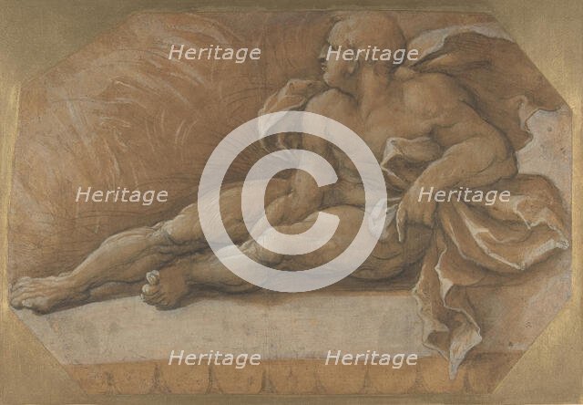 Nude Male Figure Seated on the Ground, ca. 1535-40. Creator: Amico Aspertini.