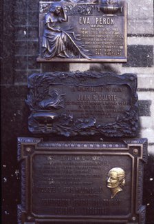 Plaque on the grave of Eva Duarte de Peron 'Evita' (1952-1982), wife of the President of Argentin…