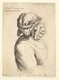 Bust of woman with protruding mouth wearing low-cut dress and cloth bound around her head..., 1660. Creator: Wenceslaus Hollar.
