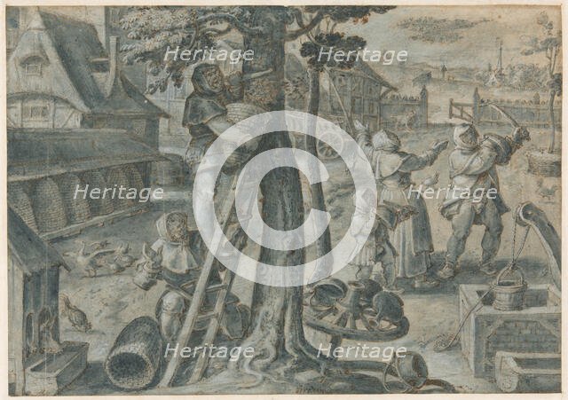 The Capture of a Swarm of Bees in a Farmyard, 1578/1605. Creator: Joannes Stradanus.
