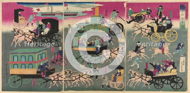 Vehicles on the Streets of Tokyo (Tokyo orai kuruma zukushi), 1870. Creator: Utagawa Yoshitora.
