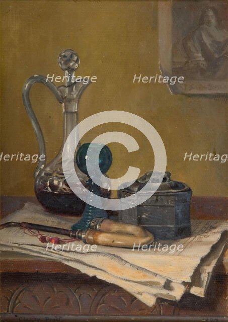 Still Life Of Newspaper, Pipe, Decanter And Jar, 1887. Creator: Claude Pratt.