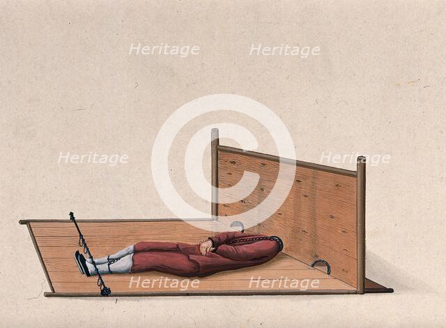 A Chinese man confined to a contraption similar to stocks which constrains the movement... Creator: Unknown.
