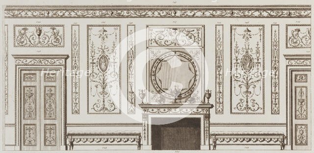 Interior design of wall with door, fireplace, panels and benches (in "Designs for Various ..., 1784. Creators: Michelangelo Pergolesi, Francesco Bartolozzi.