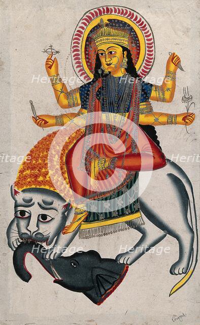 Durga riding on her lion killing a demon, (between 1800 and 1899?). Creator: Unknown.