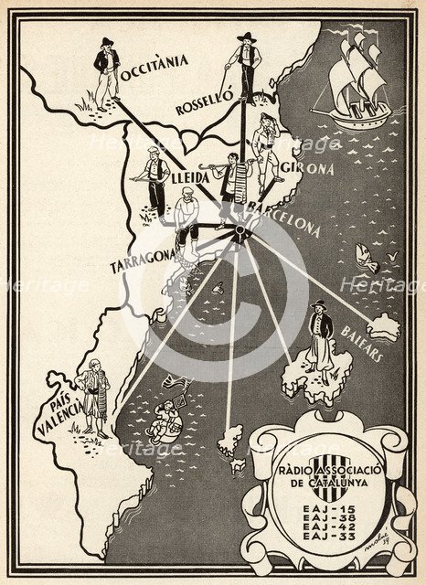 Broadcasting map of Radio Associació of Catalonia in the range of Catalan countries, 1934.