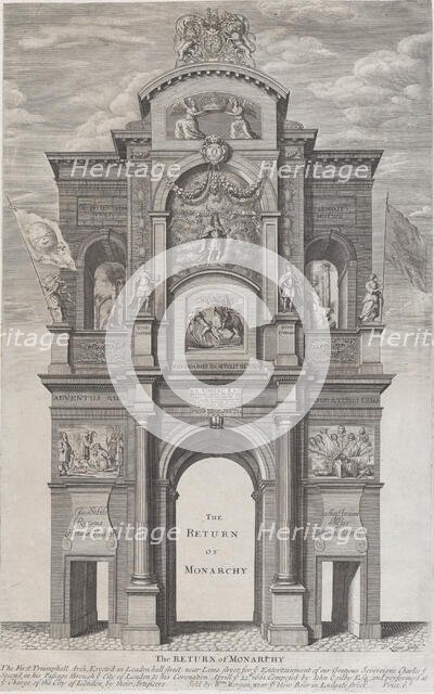 The Return of Monarchy; the first triumphal arch erected for Charles II in his passage thr..., 1662. Creator: David Loggan.