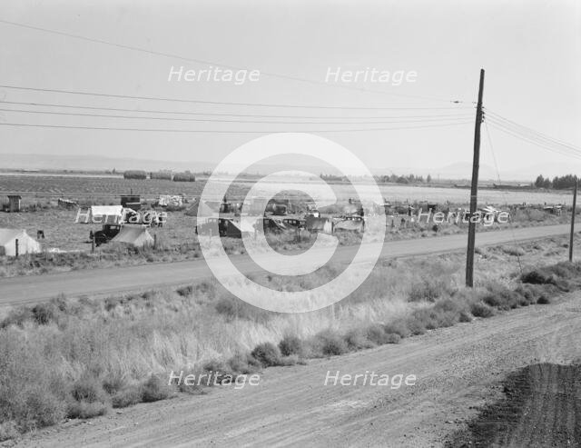 Camp of migrant potato pickers seen from potato shed..., Tulelake, Siskiyou County, California, 1939 Creator: Dorothea Lange.