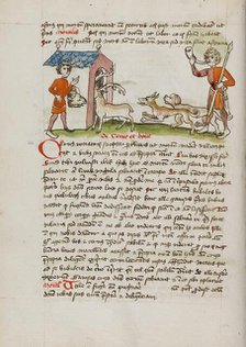 A Hunter with Dogs Hunting Stag Which Runs into an Ox Stall..., third quarter of 15th century. Creator: Unknown.