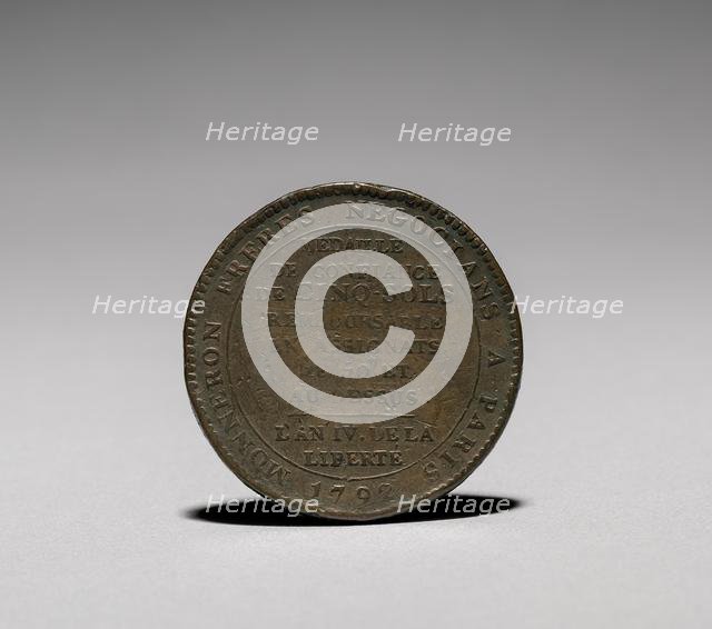 Medal: Five Sols issued by Monneron Brothers, Paris, 1792 (reverse). Creator: Jules Dupré (French, 1811-1889).