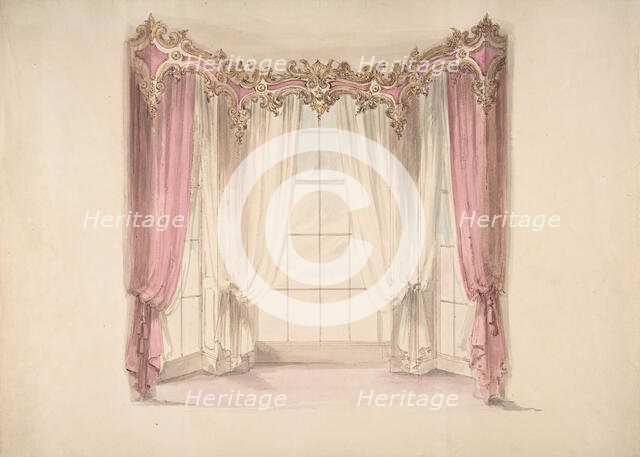 Design for Pink Curtains and White Inner Curtains, with a Gold, White and Pink..., early 19th cent. Creator: Anon.