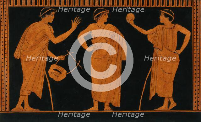 Detail of decoration of a red-figured Greek vessel showing three youths, one holding..., 1760-9. Creator: Augustin Dahlsteen.