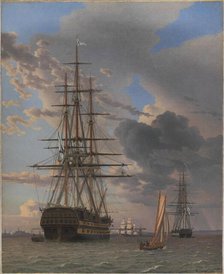 The Russian Ship of the Line "Asow" and a Frigate at Anchor near Elsinore, 1828. Creator: CW Eckersberg.