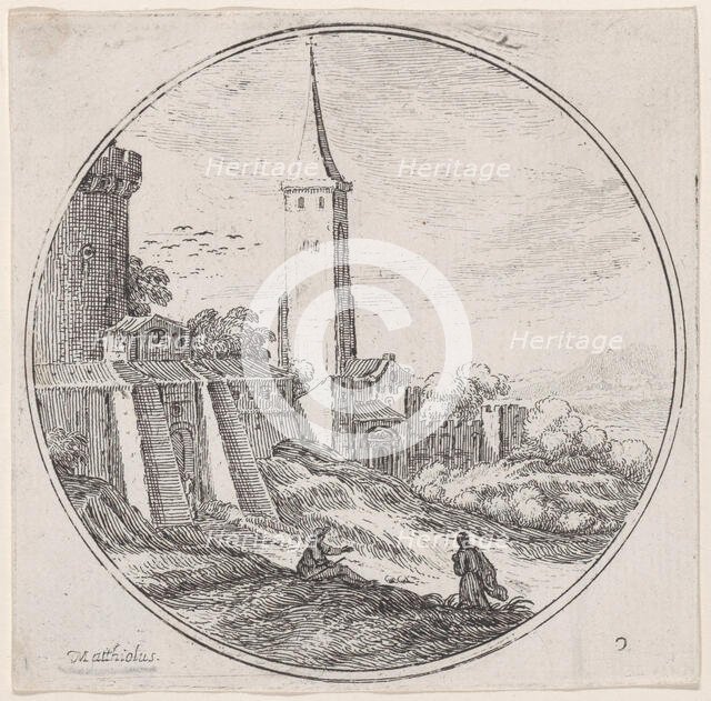 Plate 2: two figures outside of the walls of a town, a tower at center, 1680-1747. Creator: Lodovico Mattioli.
