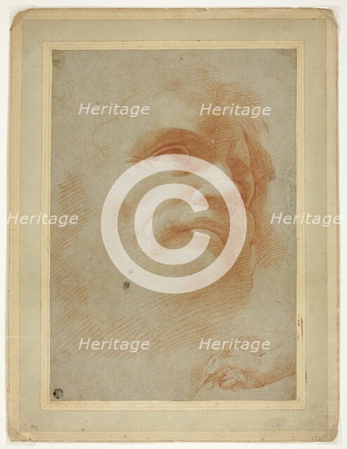 Male Head and Sketch of Right Hand Holding Stylus, 1520/24. Creators: Correggio, Unknown.