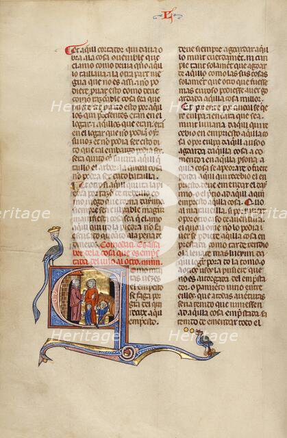Initial C: A Man Greeting another Man with Two Sons and a Horse; Vidal Mayor, about 1290-1310. Creator: Unknown.