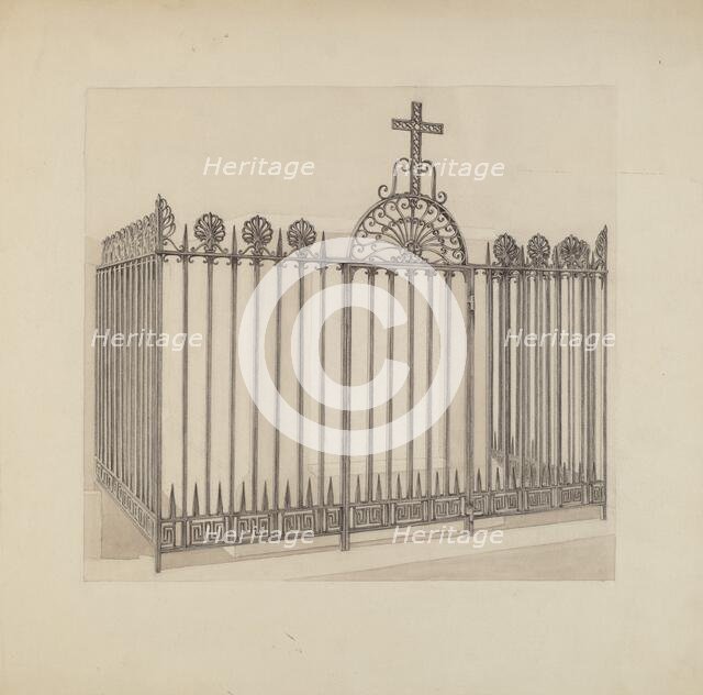 Iron Gate and Fence, c. 1936. Creator: Arelia Arbo.