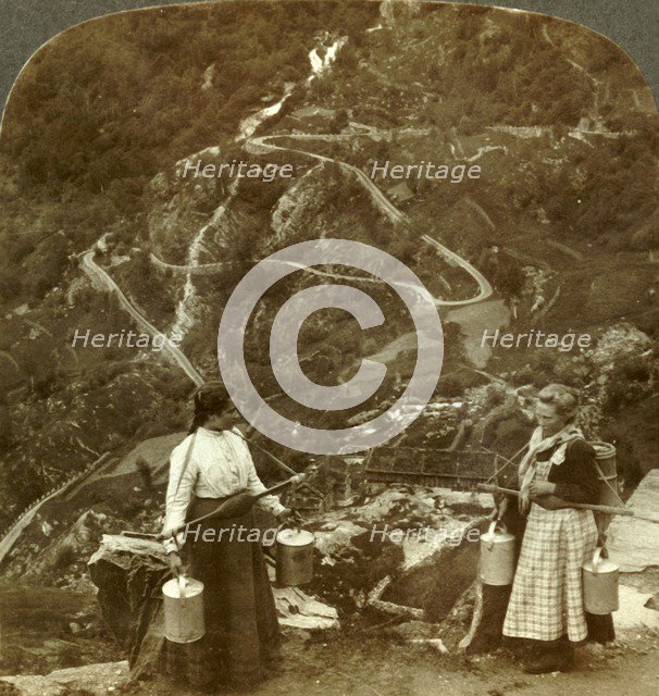 'Zigzags of the famous Grjotlid road - mountain milk-maids along the way near Marok, Norway', c1905. Creator: Unknown.