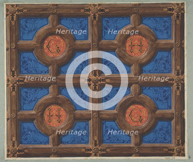 Design for the painted decoration of a coffered ceiling incorporating initials..., 1830-97. Creators: Jules-Edmond-Charles Lachaise, Eugène-Pierre Gourdet.