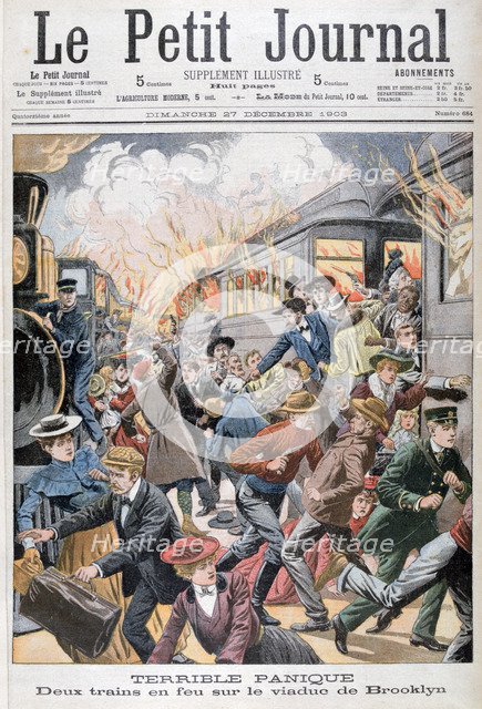 Two trains on fire on the Brooklyn Bridge, 1903. Artist: Unknown