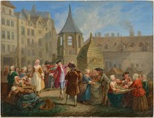 Parisian city scenes: a minuet by the French Garde and The pea sheller in the..., Mid 18th cent. Creator: Jeaurat, Etienne (1699-1789).