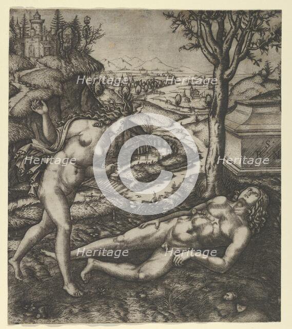 Thisbe finding Pyramus laying on the ground with a knife in his chest , 1505.. Creator: Marcantonio Raimondi.