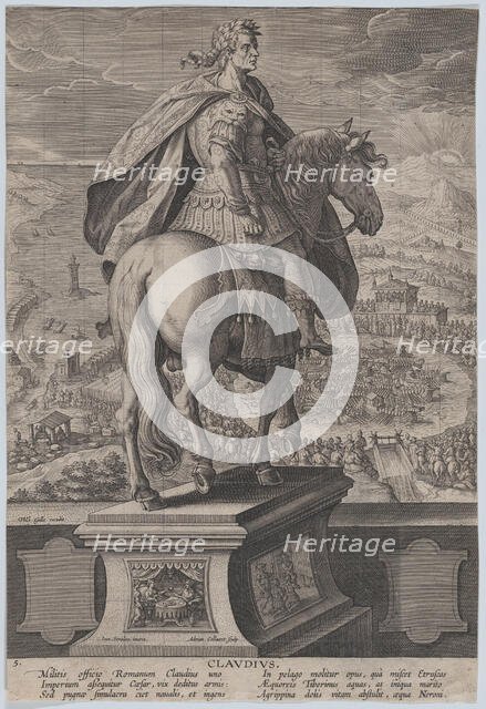 Plate 5: equestrian statue of Claudius, seen from behind, a naval competition at ri..., ca. 1587-89. Creator: Adriaen Collaert.