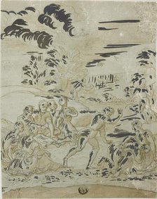Pastoral Scene: Men Hunting Birds, Couples Seated on Ground, n.d. Creator: Unknown.