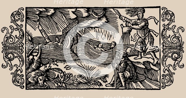 Witch unleashing storm. From "History of Northern Peoples" by Olaus Magnus, Archbishop..., 1555. Creator: Anonymous.