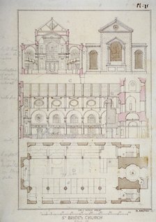 Section, elevation and ground plan of St Bride's Church, Fleet Street, City of London, 1840. Artist: H Ansted
