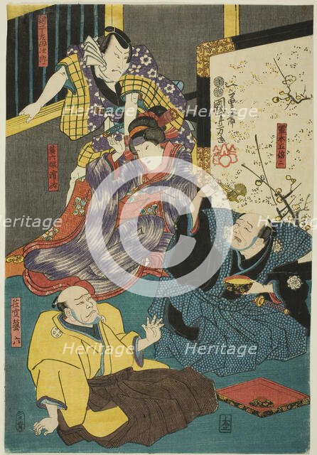 The actors Arashi Kichisaburo III as Aboshi Samojiro, Onoe Kikugoro II as Hamaji, Nakam..., c. 1852. Creator: Utagawa Kuniyoshi.