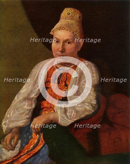 'Portrait of the Wife of Obraztsov, the Merchant from Rshev', 1830s?, (1965).  Creator: Aleksey Venetsianov.