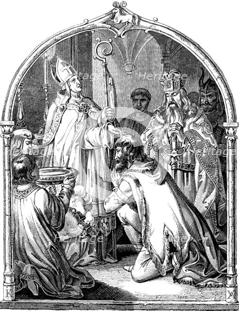 Baptism of Saxon leader Widukind (Illustration from the Geschichte des deutschen Volkes by E. Duller), 1840. Artist: Kirchhoff, Johann Jakob (1796-1848)