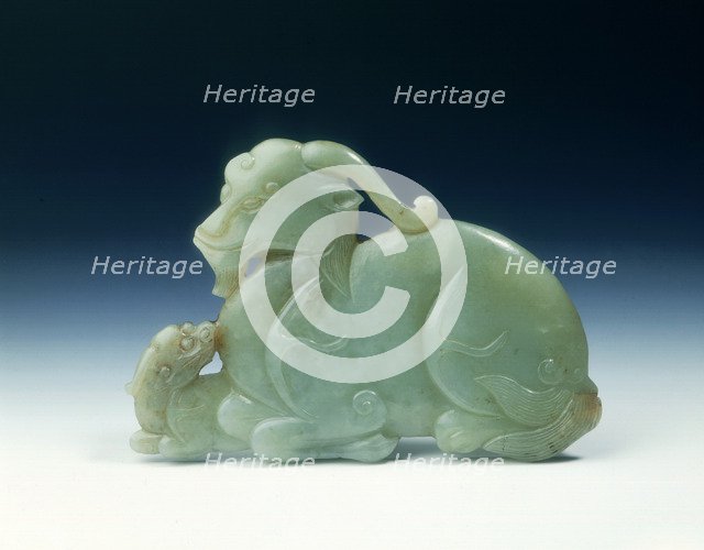 Jade mythical animal and young plaque, Yuan or early Ming dynasty, China, 14th-15th century. Artist: Unknown