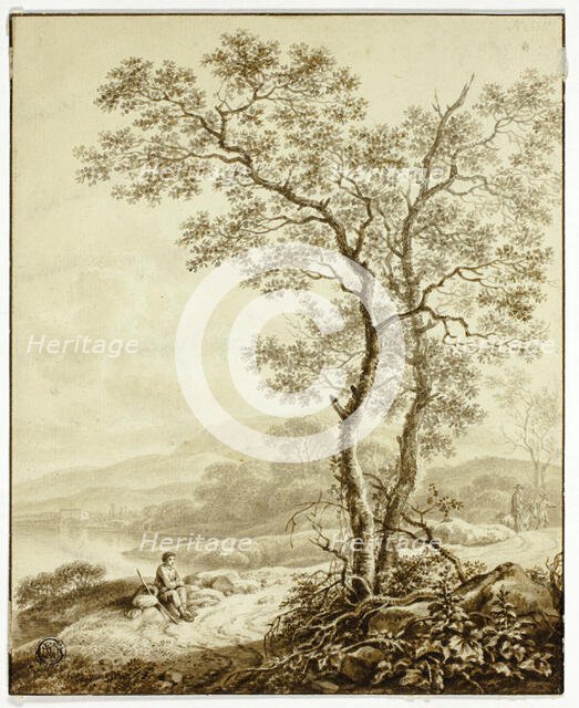 Winding Road Beside Lake, with Large Tree and Resting Traveler in Foreground, n.d. Creator: William Marshall Craig.