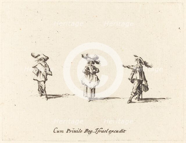 Lady with Large Plumes, and Two Gentlemen, probably 1634. Creator: Jacques Callot.