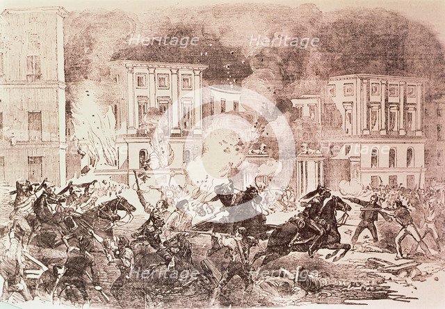 Civil disturbances in Madrid, the insurgents try to burn the palace of Queen Maria Cristina, 1854.