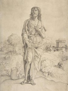 Saint John the Baptist standing in landscape, figures and buildings in the backgrou..., ca. 1505-10. Creator: Giulio Campagnola.