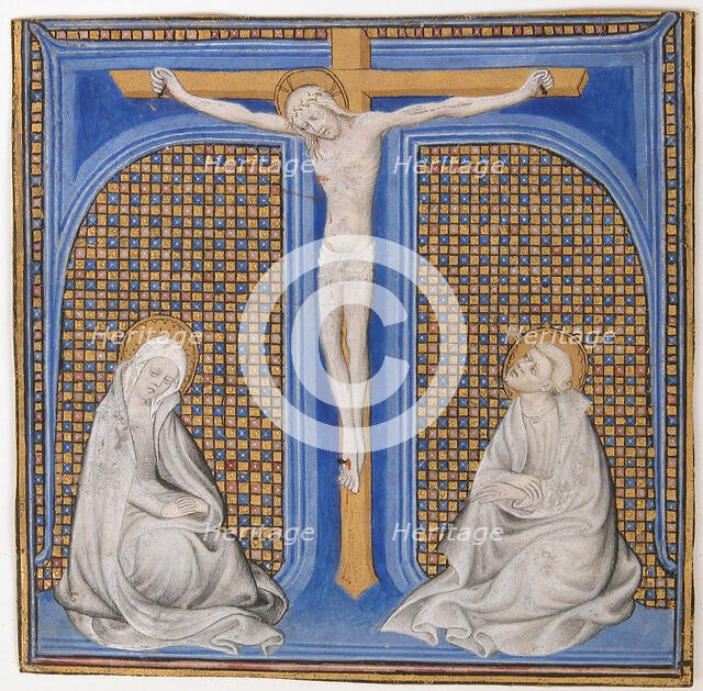 Manuscript Illumination with Crucifixion in an Initial T, from a Missal, French, ca. 1400. Creator: Unknown.